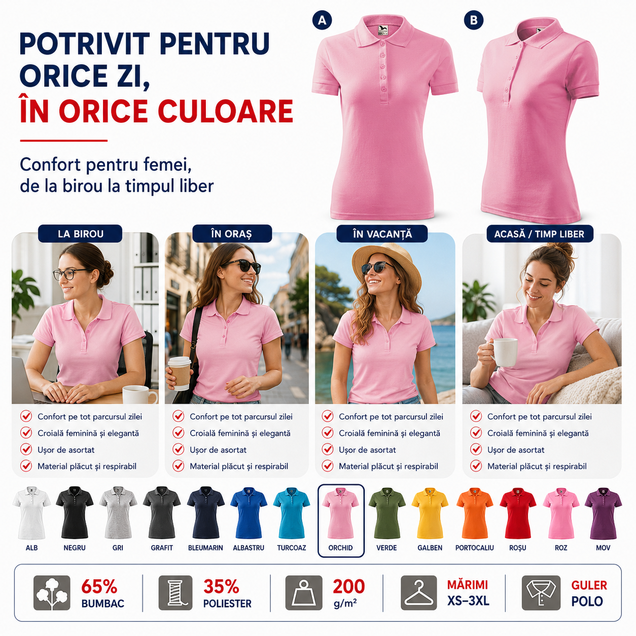 Tricou polo damă roz potrivit pentru birou, oraș, vacanță și timp liber